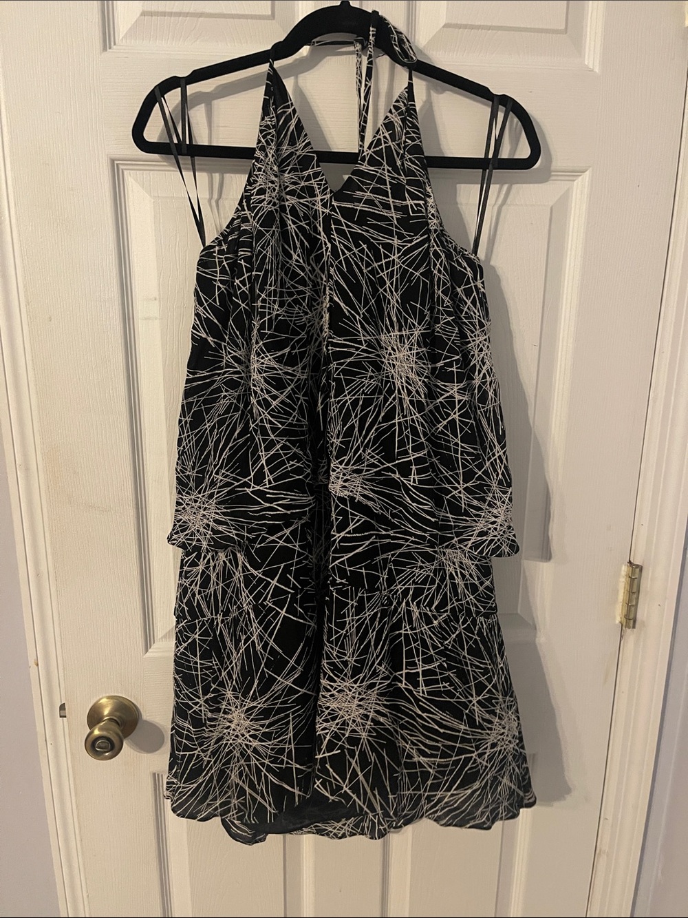 Diane vonFustenberg Black Halter Tiered Dress with White Abstract Burst Print